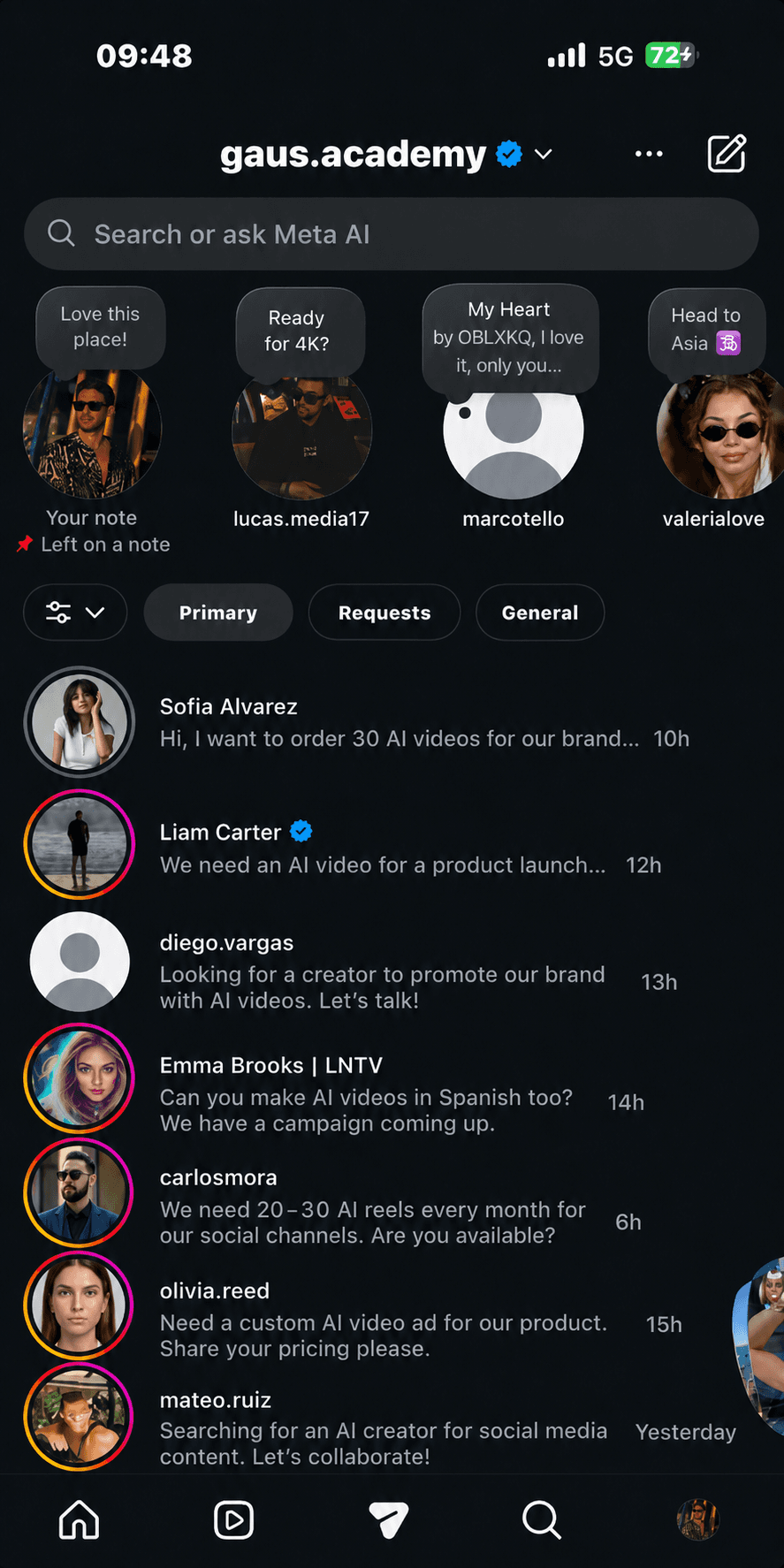 Instagram direct messages from people looking for AI content creators
